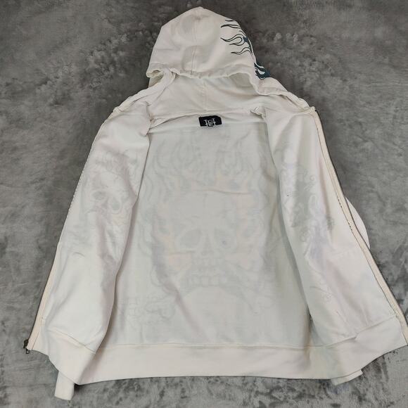 Don Ed Hardy Flame Skull Men's White Full Zip Up Hoodie Size Large - Picture 2 of 10